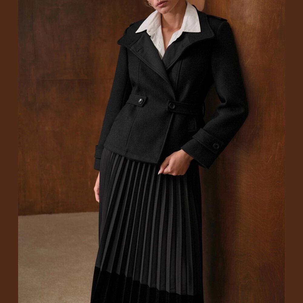Black Belted Notch Collar Cropped Peacoat Jacket